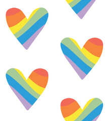 Vector seamless pattern of hand drawn groovy lgbt rainbow flag heart isolated on white background