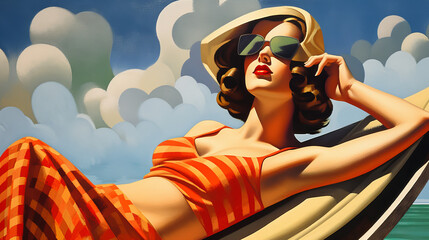 60s Brown-Haired Woman Sunbathing in a Photorealistic Vintage Poster Style with Vibrant Neon Colors, 4k