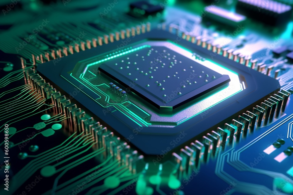 Poster technology chip circuit board background, futuristic generative ai illustration of microchip process
