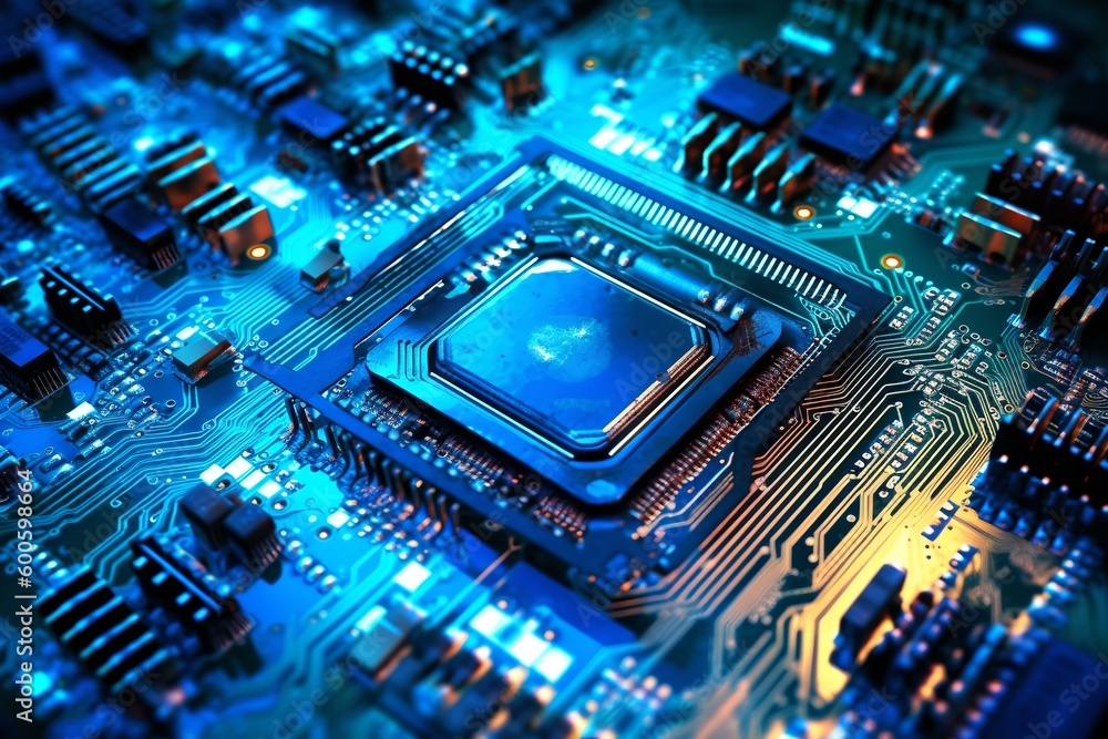 Poster technology chip circuit board background, futuristic generative ai illustration of microchip process