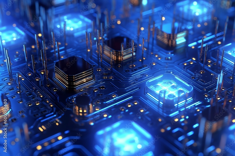Poster technology chip circuit board background, futuristic generative ai illustration of microchip process