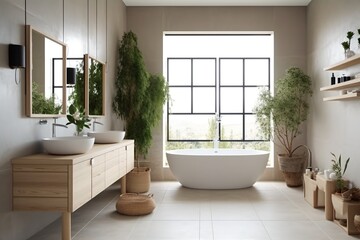 Fototapeta na wymiar Windowed bathroom in luxury house, generative ai