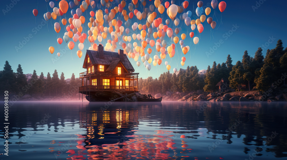 Poster a tiny house floating on top of a lake surrounded by balloons. generative ai.