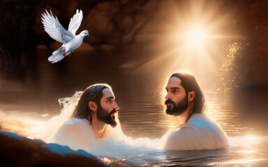 The great baptizing in the Jordan River, created with Generative AI technology - obrazy, fototapety, plakaty