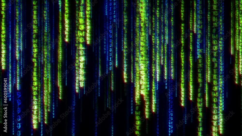 Poster abstract loop blurred falling blue green neon digital text matrix style on black background animatio