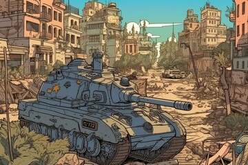 瓦礫の町と戦車：AI作品
