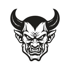 devil mascot, vintage logo line art concept black and white color, hand drawn illustration