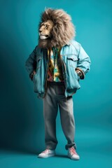 Fototapeta premium Fashion photo of lion wearing clothes. Generative AI. 