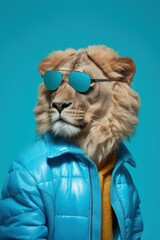 Fashion photo of lion wearing clothes. Generative AI. 