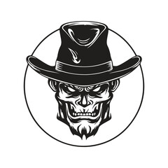 devil wearing hat, vintage logo line art concept black and white color, hand drawn illustration