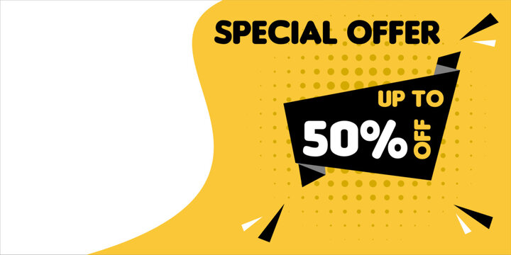 Special offer. Up to 50% off. Banner with black band and yellow background. Editable and transparent banner. Discount tag. font Insaniburger