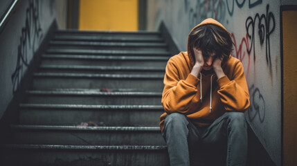 Depressed Young man, Teenager, Boy, Suffering From Depression, Youth Mental Health Crisis, PTSD, Secondary High School Student Depression, Youth Homelessness, Generative AI