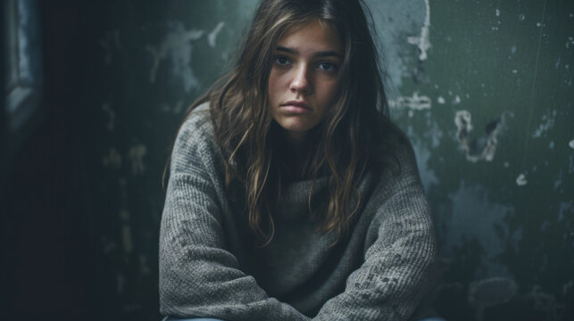 Depressed Young Girl, Teenager, Suffering From Depression, Youth Mental Health Crisis, PTSD, Secondary High School Student Depression, Youth Homelessness Young Homeless Girl, Generative AI
