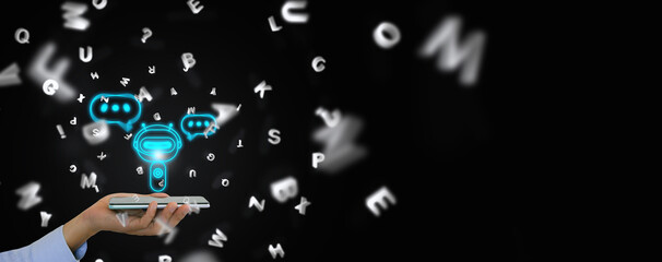 Chatbot speaks human language concept. A man's hand holds a smartphone with a Generative AI voice assistant, Artificial intelligence conversational chatbot equipped with a Language model technology.