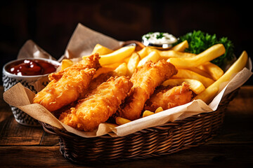Delicious English traditional meal, Fish and Chips with tartar sauce with great dark food photography presentation. Created with generative AI technology