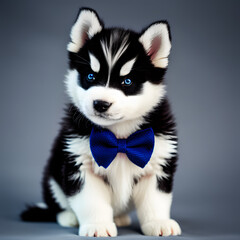 Fluffy husky puppy with piercing blue eyes and blue bow tie made with generative AI