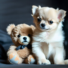 chihuahua puppy with his teddybear made with generative AI