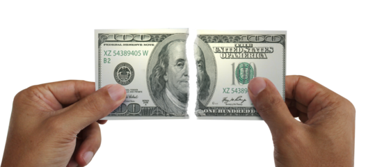 Torn money. Note of 100 dollars. Money destroyed. Conceptual idea of ​​wasting money.