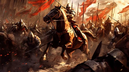 Foto op Canvas An epic battle scene with a medieval army charging into battle, horses galloping, flags waving, and weapons clashing. generative ai. © Strabiliante