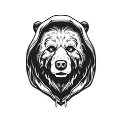 grizzly bear hooded, vintage logo line art concept black and white color, hand drawn illustration