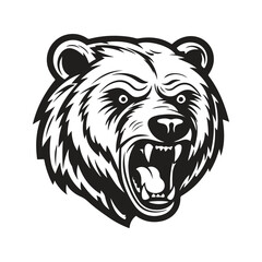 grizzly bear mascot, vintage logo line art concept black and white color, hand drawn illustration