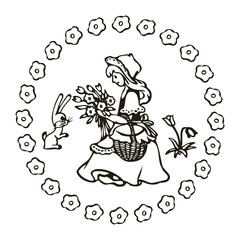 Girl in a red cap retro drawing coloring book