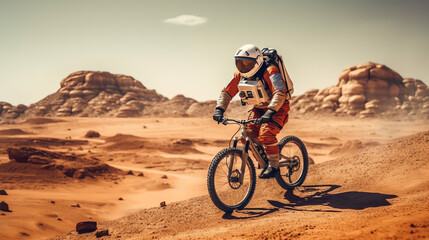 An astronaut on a bicycle