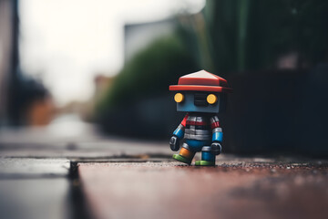 Cute robot with red hat and silver puffy coat taking a walk on a rainy sidewalk; created with generative AI