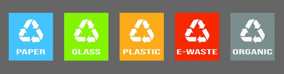 Modern flat style vector illustration of colorful recycling bins for separating waste. The trash bins are designed for different types of waste, including organic, plastic, glass, paper, e-waste