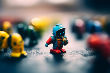Cute robot checks his cellphone on a busy street, rain on the pavement, blue and red spacesuit; created with generative AI