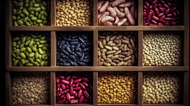 Different types of legumes beans. In wooden box.Varieties of beans. Top view. Generative AI.