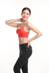 Fototapeta na wymiar Beautiful young asian sport woman with sportswear ready for exercise on white background, Advertising sportswear and yoga wear, Healthy lifestyle, sport.