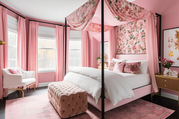 Interior of bedroom light and Airy with Pink Textiles,  Generative AI