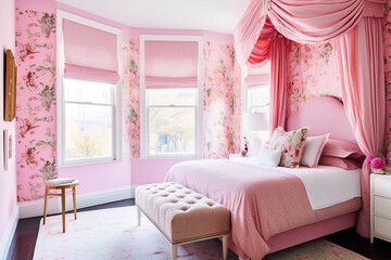 Light and Airy Bedroom with Pink Textiles,  Generative AI
