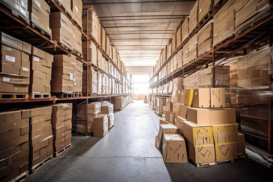 Storage Facility with Cardboard Boxes and Shelves,  Generative AI