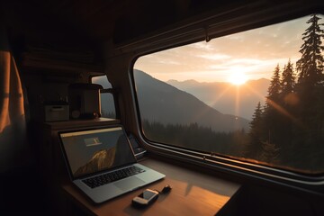 workplace with a computer in a minivan, remote work with a view of nature landscapes, vanlife