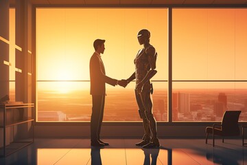 silhouette of man and robot in the office, handshake at sunset