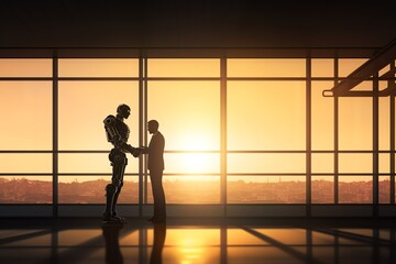 Fototapeta na wymiar silhouette of man and robot in the office, handshake at sunset
