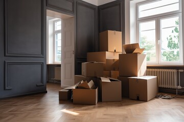 living room with boxes, moving