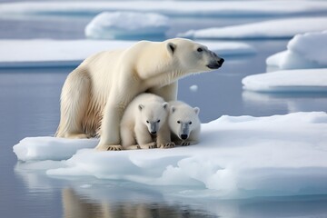 polar bear with her child on the ice  - obrazy, fototapety, plakaty