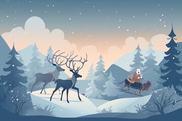 Obraz na płótnie Canvas landscape with deer santa claus in winter