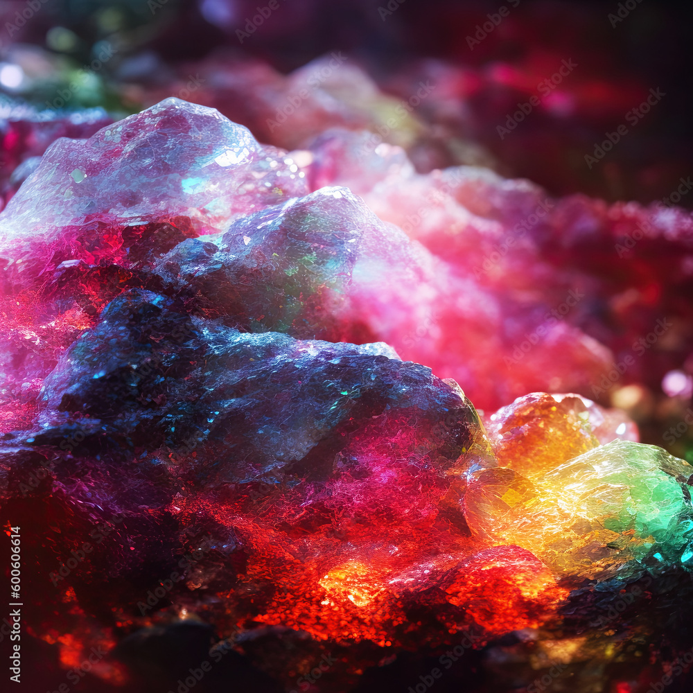 Poster a mesmerizing cluster of rainbow-hued crystals shimmering against a bokeh background, casting a spel