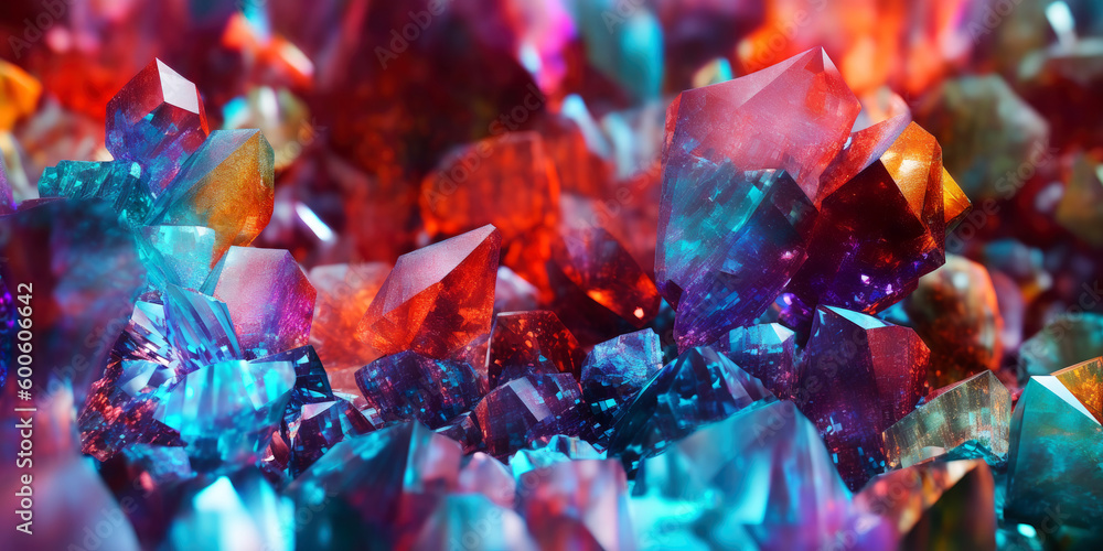 Poster a close-up of a cluster of glittering, multicolored crystals, each reflecting a spectrum of hues in 