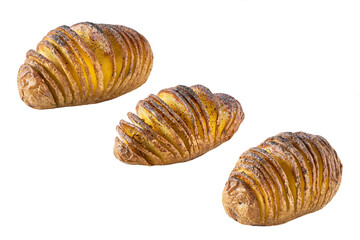 Baked hasselback potato isolated on white background.