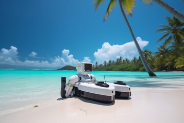 future holidays, the robot is resting and sunbathing on the beach of the island, Generative Ai art