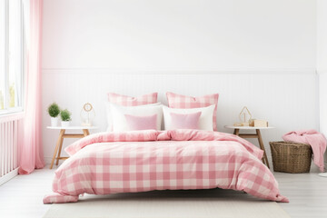 Fototapeta na wymiar Light, cute, and cozy home bedroom interior with unmade bed, pink plaid, and cushions on empty white wall background, Generative AI
