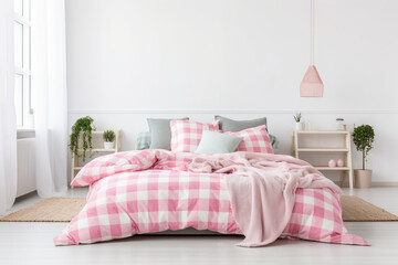 Fototapeta na wymiar Pink light, cute, and cozy home bedroom interior with an unmade bed, pink plaid, and cushions on empty white wall background, Generative AI