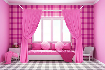 Fototapeta na wymiar Light, cute and cozy home bedroom interior with unmade pink bed, square magenta cushions, and pink plaid on an empty magenta wall background, Generative AI