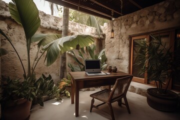 Fototapeta premium Working space in jungle home, Modern laptop of a remote digital nomad freelancer on a wooden table in nature with a green tropical background with palm trees, AI generative art