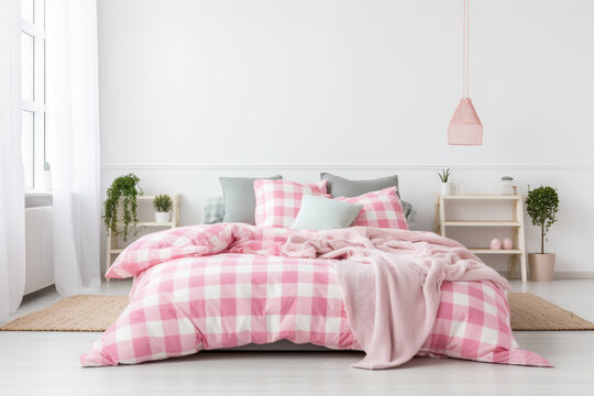 Pink light, cute, and cozy home bedroom interior with an unmade bed, pink plaid, and cushions on empty white wall background,  Generative AI